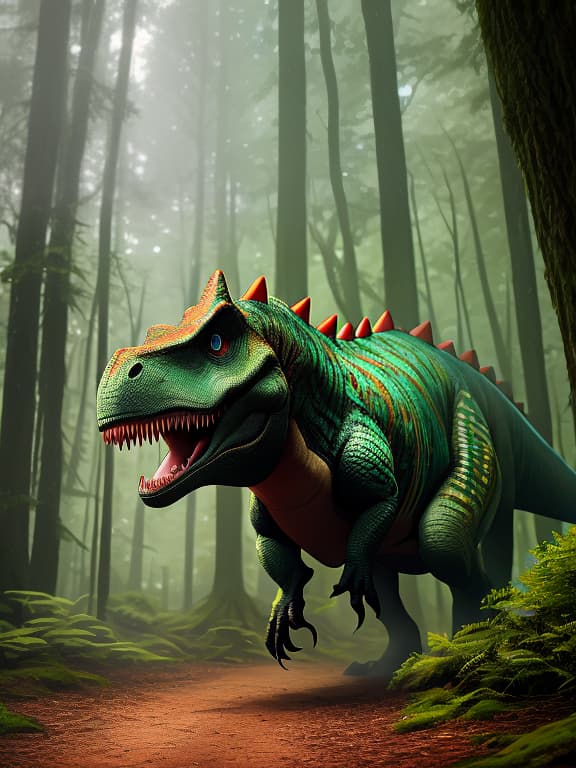  Dinosaur run through the forest in ace style. hyperrealistic, full body, detailed clothing, highly detailed, cinematic lighting, stunningly beautiful, intricate, sharp focus, f/1. 8, 85mm, (centered image composition), (professionally color graded), ((bright soft diffused light)), volumetric fog, trending on instagram, trending on tumblr, HDR 4K, 8K