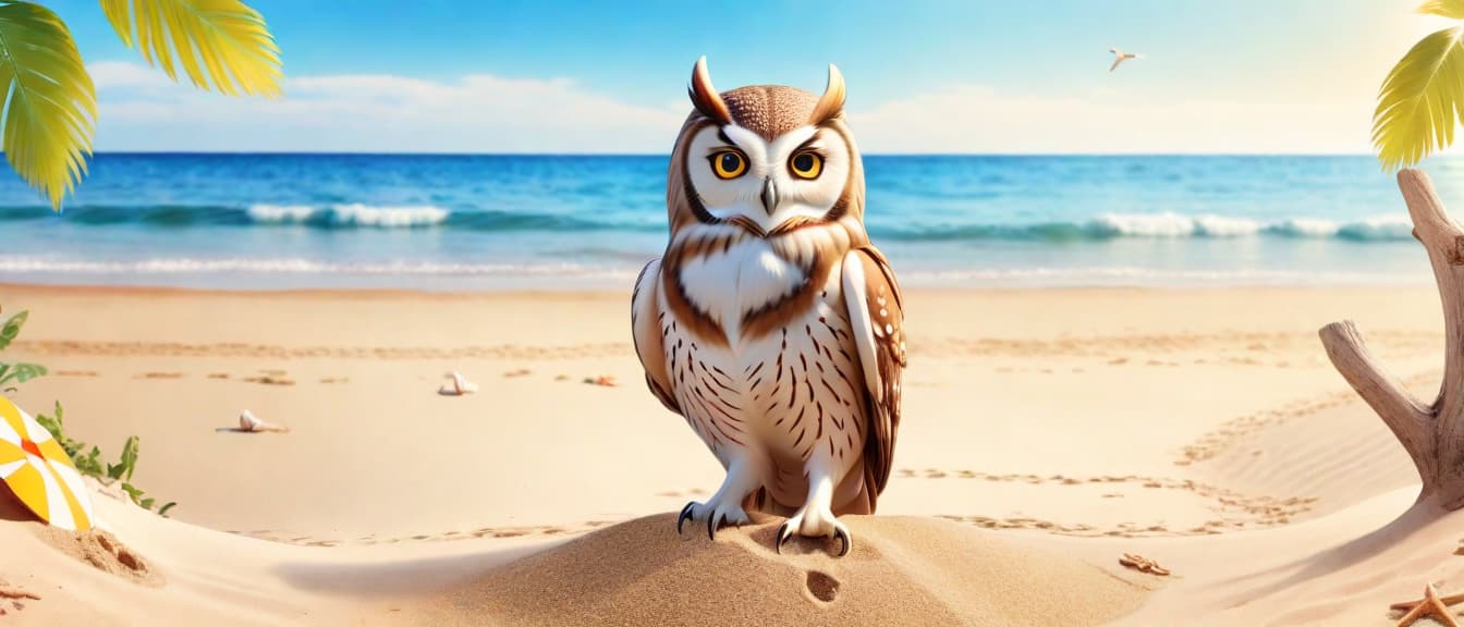  Beach summer panoramic background with Owl on the sand