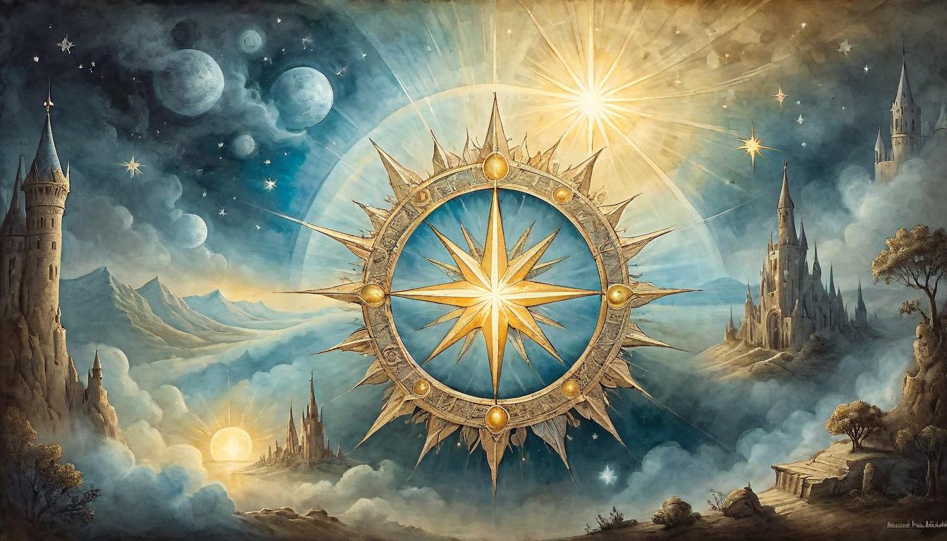  on parchment, surrealism+++, Radiant star, celestial background, brilliant light rays, ethereal glow, positivity, illumination(mysterious, provocative, symbolic,muted color)+++