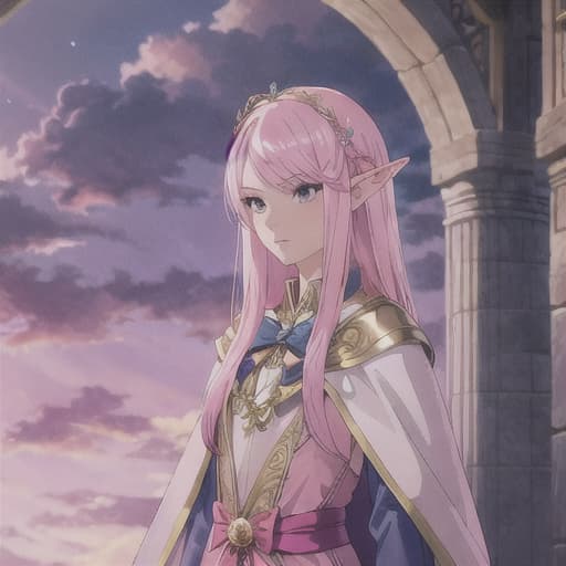  master piece , best quality,Pink hair, straight, long hair, elven female, dignified, slender, eye shadow, holding a bow, cape, hair ornament.