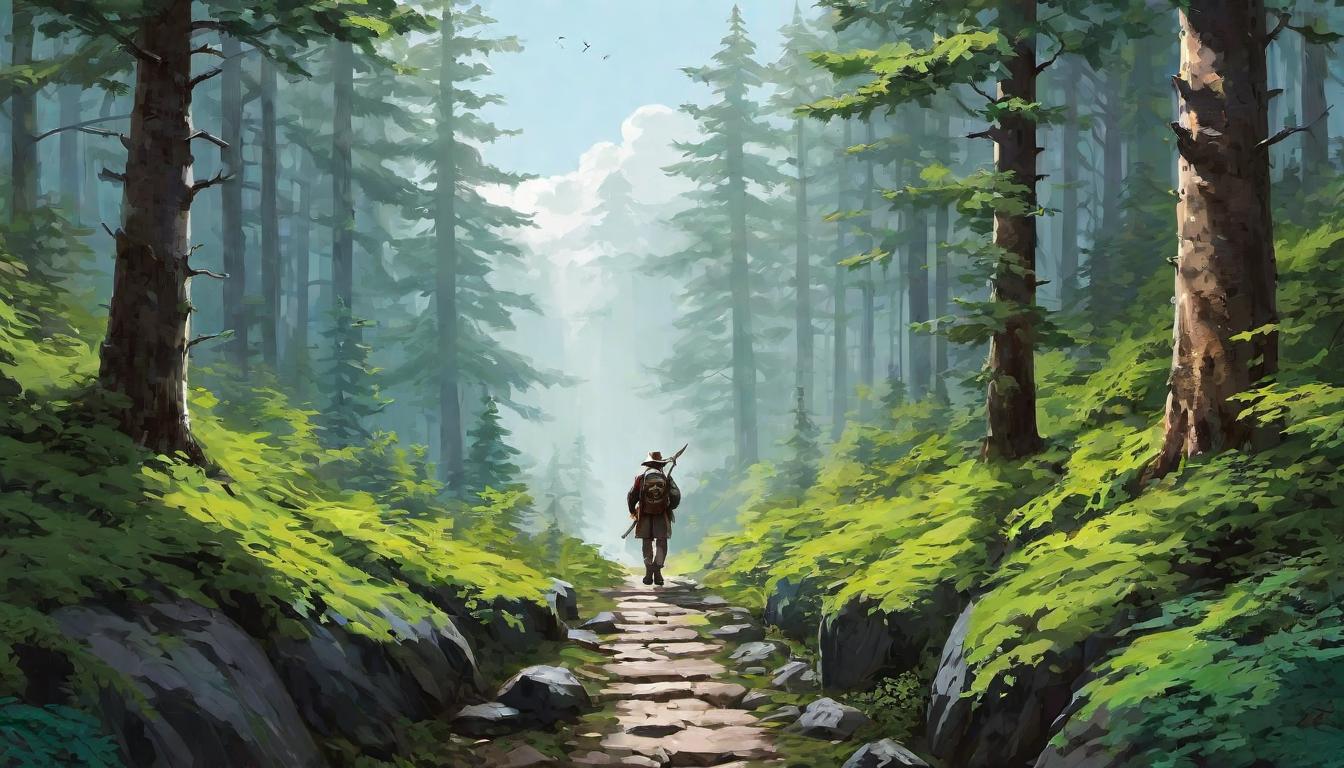  digital illustration, A winding path through a dense forest, various challenges and triumphs illustrated along the way, person walking with head held high, resilient, journey, looking at viewer, dynamic pose, (intricate details, masterpiece, best quality)