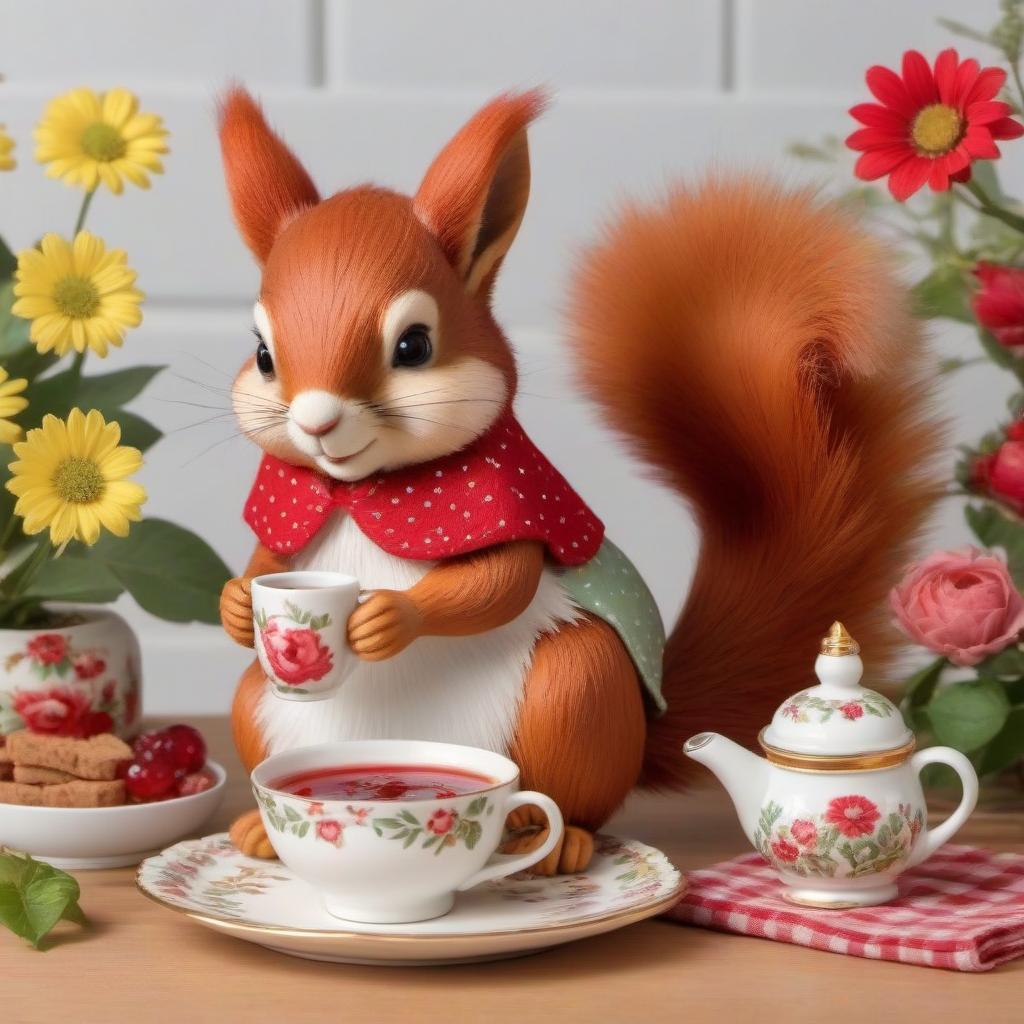  A cute smiling gnome and a pretty red squirrel in an elegant dress drink tea with jam at the table in a beautiful cozy room, decorated with patchwork style and bouquets of daisies.