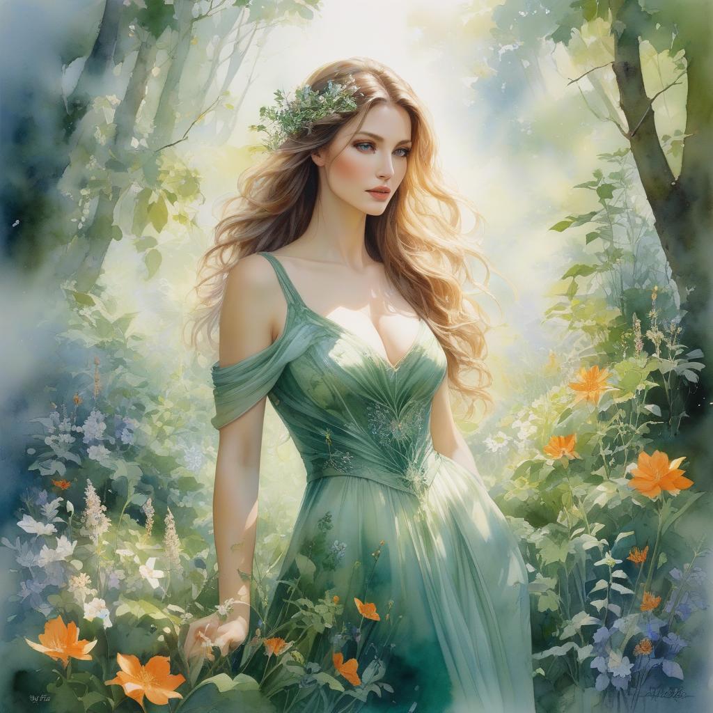  n the style of Nathalie Picoulet, an awe inspiring watercolor painting transports viewers to a magical forest. At the center of this enchanting scene stands a breathtakingly beautiful woman, her ethereal presence suffused with the essence of nature. Delicate brushstrokes depict her flowing hair intertwined with vibrant wildflowers, each petal meticulously detailed. Her emerald eyes emanate a captivating radiance, perfectly mirroring the lush greenery surrounding her. This meticulously crafted image evokes a sense of wonder, inviting spectators to explore the mystical world captured within this stunning watercolor masterpiece. hyperrealistic, full body, detailed clothing, highly detailed, cinematic lighting, stunningly beautiful, intricate, sharp focus, f/1. 8, 85mm, (centered image composition), (professionally color graded), ((bright soft diffused light)), volumetric fog, trending on instagram, trending on tumblr, HDR 4K, 8K