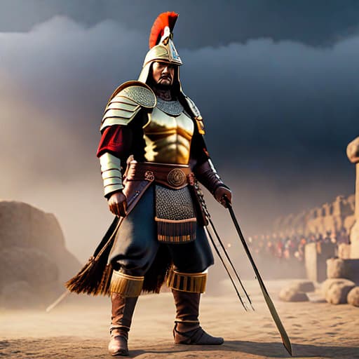  A mighty ancient warrior hyperrealistic, full body, detailed clothing, highly detailed, cinematic lighting, stunningly beautiful, intricate, sharp focus, f/1. 8, 85mm, (centered image composition), (professionally color graded), ((bright soft diffused light)), volumetric fog, trending on instagram, trending on tumblr, HDR 4K, 8K