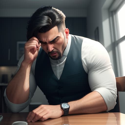  a man in his anger slams his hands on the table and at the same time everything in the room is blown from its spot as if a bomb went off, hyperrealistic, high quality, highly detailed, perfect lighting, intricate, sharp focus, f/1. 8, 85mm, (centered image composition), (professionally color graded), ((bright soft diffused light)), trending on instagram, HDR 4K, 8K