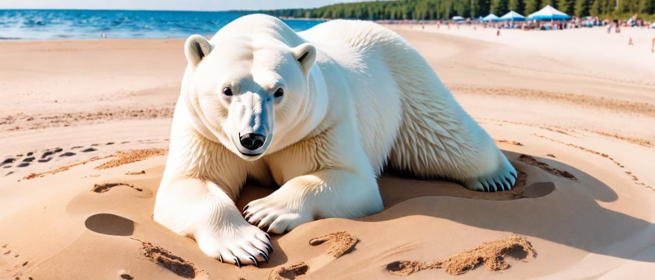  Beach summer panoramic background with Polar bear on the sand