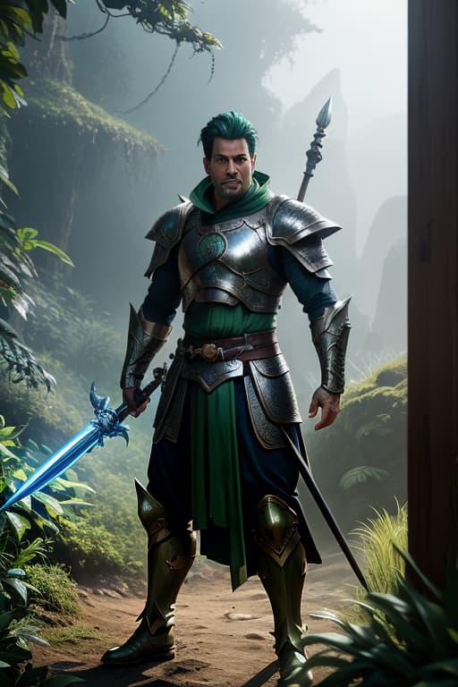  a cinematic shot of a dragon warrior and holding a green glowing spear and a shield, fantasy jungle in background, reflective light, hkstyle, HD, masterpiece, best quality, hyper detailed, ultra detailed, super realistic hyperrealistic, full body, detailed clothing, highly detailed, cinematic lighting, stunningly beautiful, intricate, sharp focus, f/1. 8, 85mm, (centered image composition), (professionally color graded), ((bright soft diffused light)), volumetric fog, trending on instagram, trending on tumblr, HDR 4K, 8K