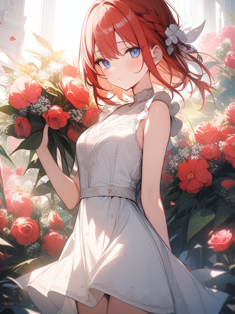  Slim girls, cute, facing this, red hair, braid short hair, blue eyes, flower decorations, non sleeve dresses, sleeves, masterpiece, best quality,8k,ultra detailed,high resolution,an extremely delicate and beautiful,hyper detail