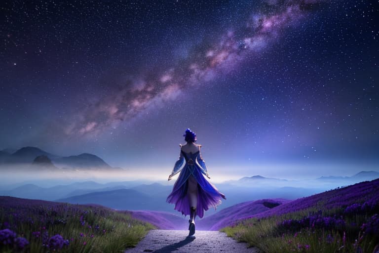  The character&#39;s face is not visible from the back. Walking towards the Milky Way in an elegant manner. The Milky Way emits a beautiful combination of purple and blue colors, and numerous stars are shining. The sky is dark at night, but the light of the Milky Way illuminates the surroundings brightly. The light of the Milky Way stretches out like a road in front of the character, brightly illuminating the path she walks. Overall, this scene creates a mysterious and fantastic atmosphere, as if you could see it in a dream. The back view of the person walking is soft and elegant, and combined with the beauty of the Milky Way, it creates a picturesque scene. A person can be seen slightly to the left of the center of the image. The figure has hyperrealistic, full body, detailed clothing, highly detailed, cinematic lighting, stunningly beautiful, intricate, sharp focus, f/1. 8, 85mm, (centered image composition), (professionally color graded), ((bright soft diffused light)), volumetric fog, trending on instagram, trending on tumblr, HDR 4K, 8K