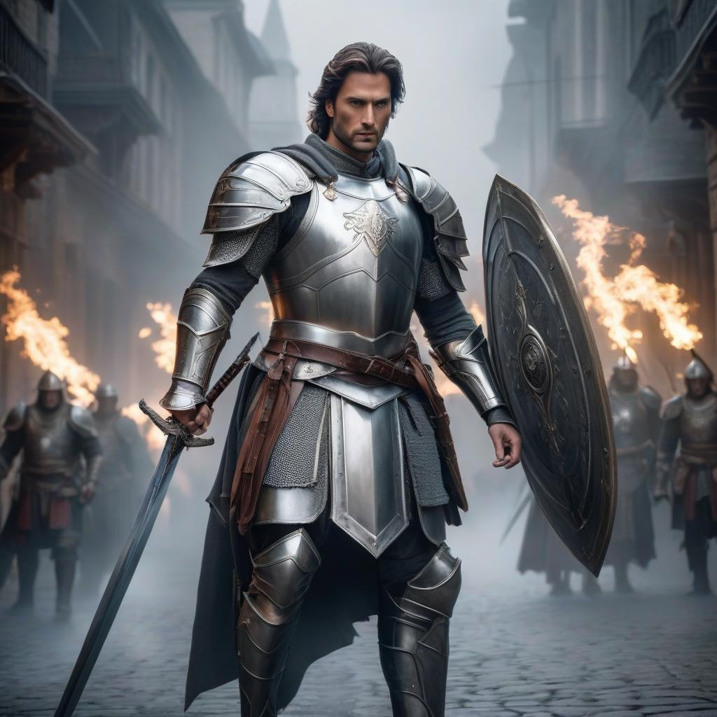  A man paladin in grey light armor with a sword and a shield. hyperrealistic, full body, detailed clothing, highly detailed, cinematic lighting, stunningly beautiful, intricate, sharp focus, f/1. 8, 85mm, (centered image composition), (professionally color graded), ((bright soft diffused light)), volumetric fog, trending on instagram, trending on tumblr, HDR 4K, 8K