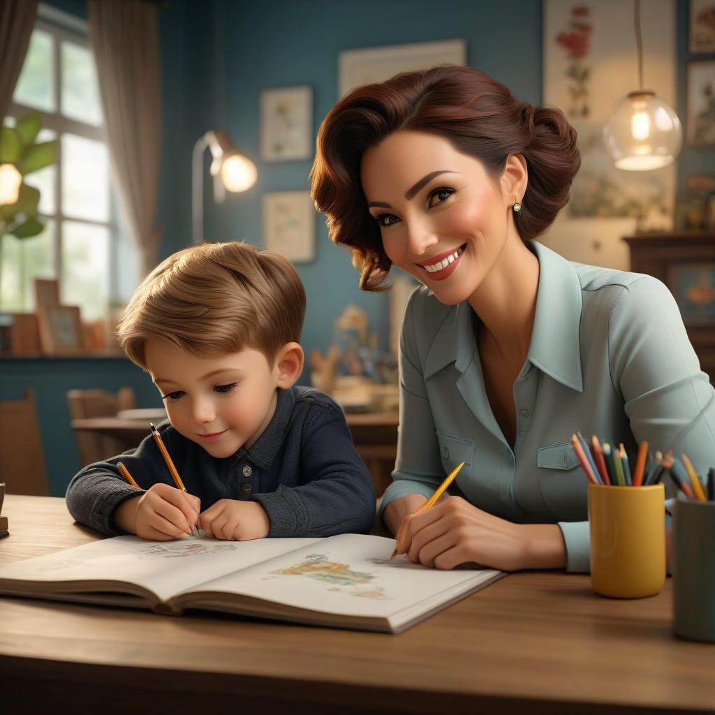  breathtaking Create an image of a small boy and his mother smiling. She is sitting at a table and drawing pictures, cutting them out and pasting them in a notebook. Background: children's room. . award winning, professional, highly detailed hyperrealistic, full body, detailed clothing, highly detailed, cinematic lighting, stunningly beautiful, intricate, sharp focus, f/1. 8, 85mm, (centered image composition), (professionally color graded), ((bright soft diffused light)), volumetric fog, trending on instagram, trending on tumblr, HDR 4K, 8K