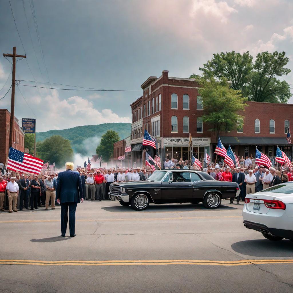  Donald Trump visiting Johnson City, TN. The scene shows Trump in a recognizable location within Johnson City, perhaps near a notable landmark or downtown area. People in the background could be holding signs and showing support. hyperrealistic, full body, detailed clothing, highly detailed, cinematic lighting, stunningly beautiful, intricate, sharp focus, f/1. 8, 85mm, (centered image composition), (professionally color graded), ((bright soft diffused light)), volumetric fog, trending on instagram, trending on tumblr, HDR 4K, 8K