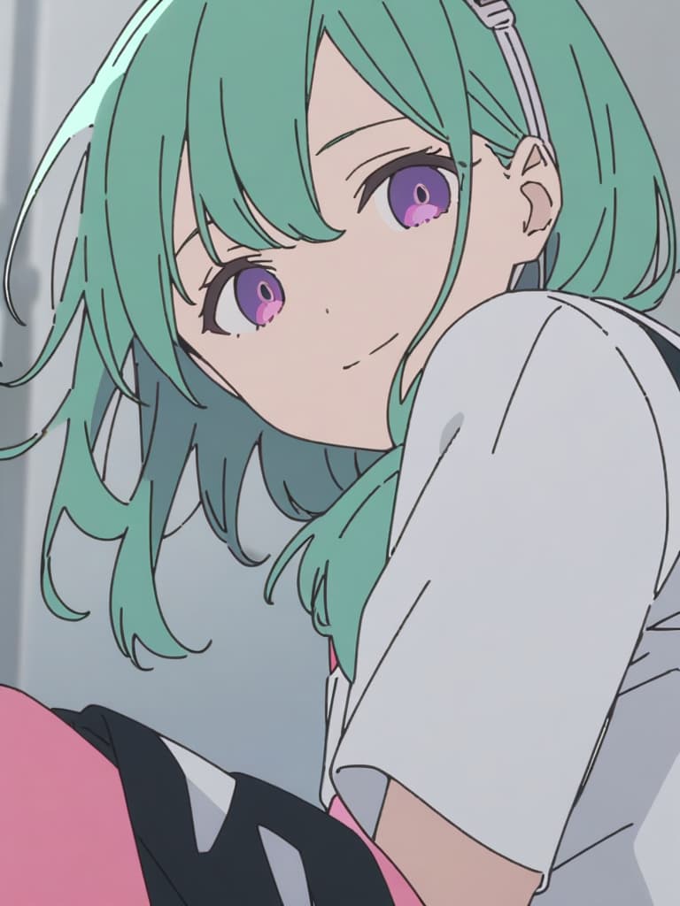  1girl,18yo,green hair,short hair,purple eyes,headphone,summer school uniform,light smile,anime screencap,flat color,, masterpiece, best quality,8k,ultra detailed,high resolution,an extremely delicate and beautiful,hyper detail