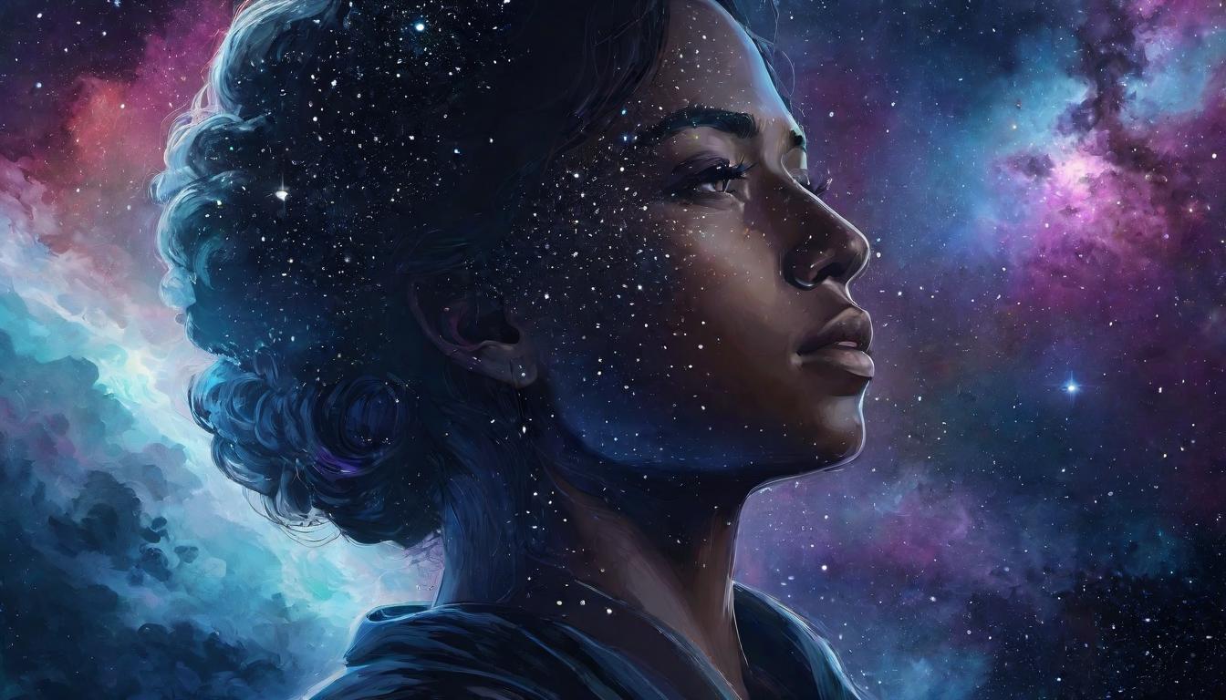  digital illustration A thoughtful figure, head tilted in contemplation, cosmic backdrop, stars and nebulas, introspection, connection to the universe looking at viewer, dynamic pose, (intricate details, masterpiece, best quality)