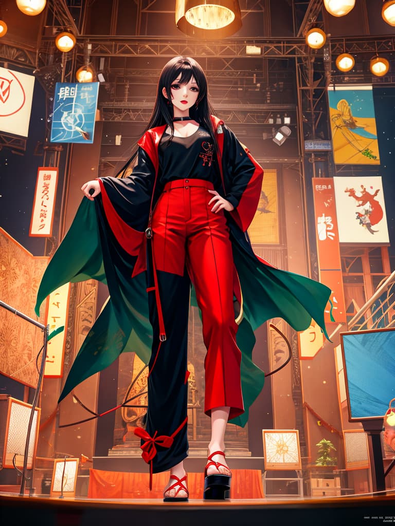  anime artwork, anime style, key visual, vint, studio anime, highly detailed, A with long black hair, charming eyes, red lips, no top and trousers, wearing s, standing on the stage, indoors, ilration style, stage lighting, close up