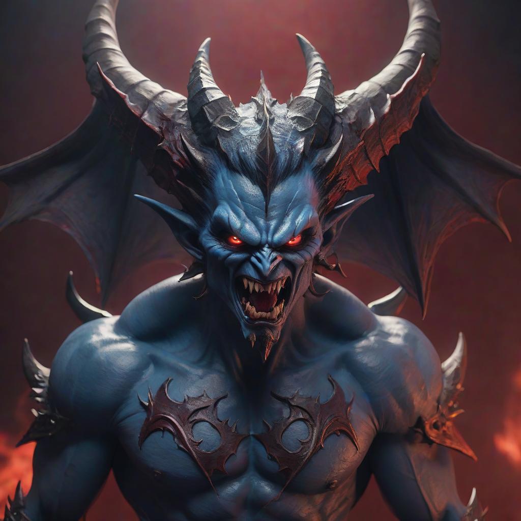  Very angry face of a demon Blue skin, red eyes, mouth open with fangs, dark red background hyperrealistic, full body, detailed clothing, highly detailed, cinematic lighting, stunningly beautiful, intricate, sharp focus, f/1. 8, 85mm, (centered image composition), (professionally color graded), ((bright soft diffused light)), volumetric fog, trending on instagram, trending on tumblr, HDR 4K, 8K