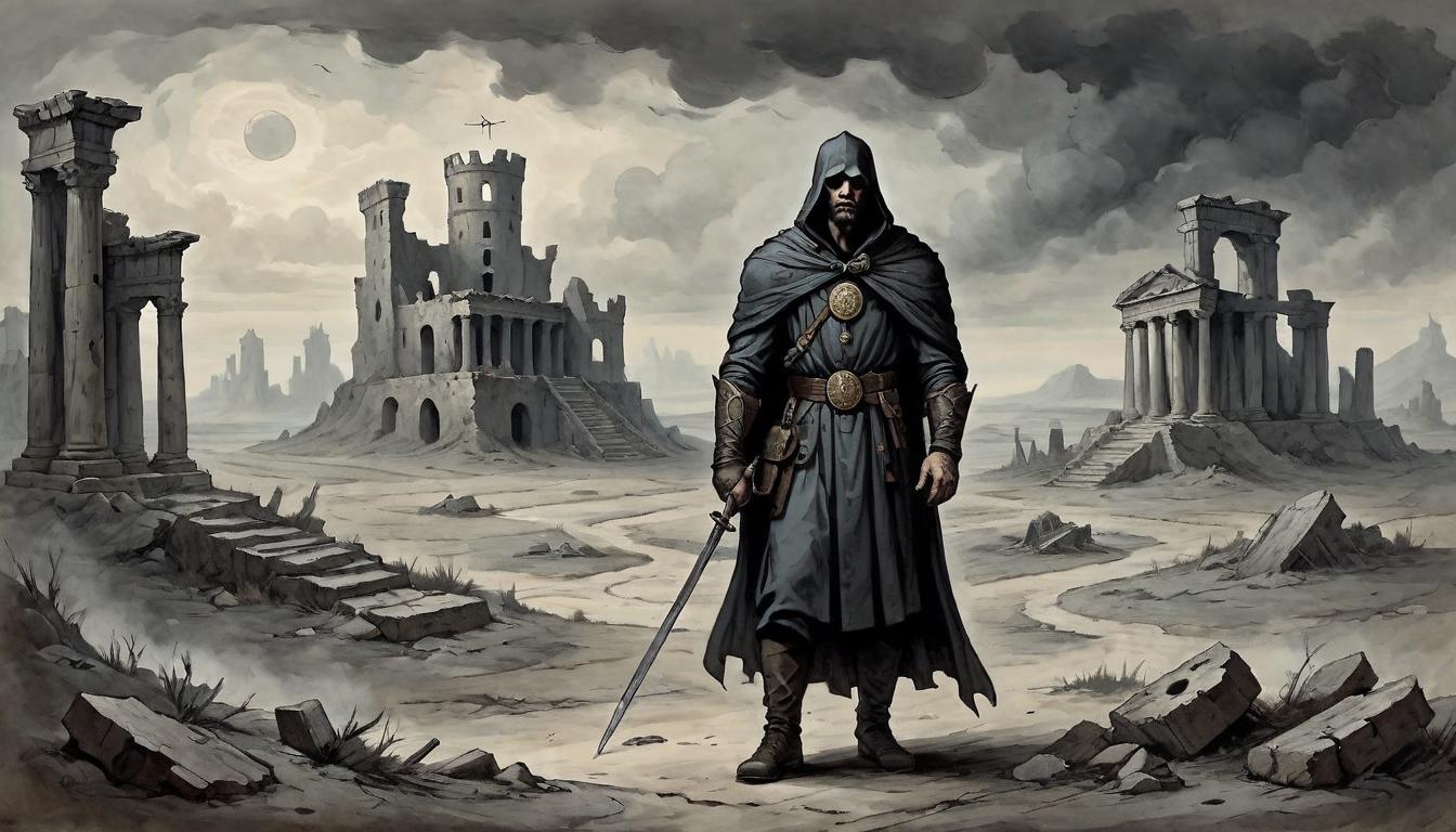  on parchment, surrealism+++, Dark figure with a stern expression, carrying an emblem of practicality, background of a gray, overcast landscape with scattered ruins, atmosphere of restriction, unwillingness(mysterious, provocative, symbolic,muted color)+++