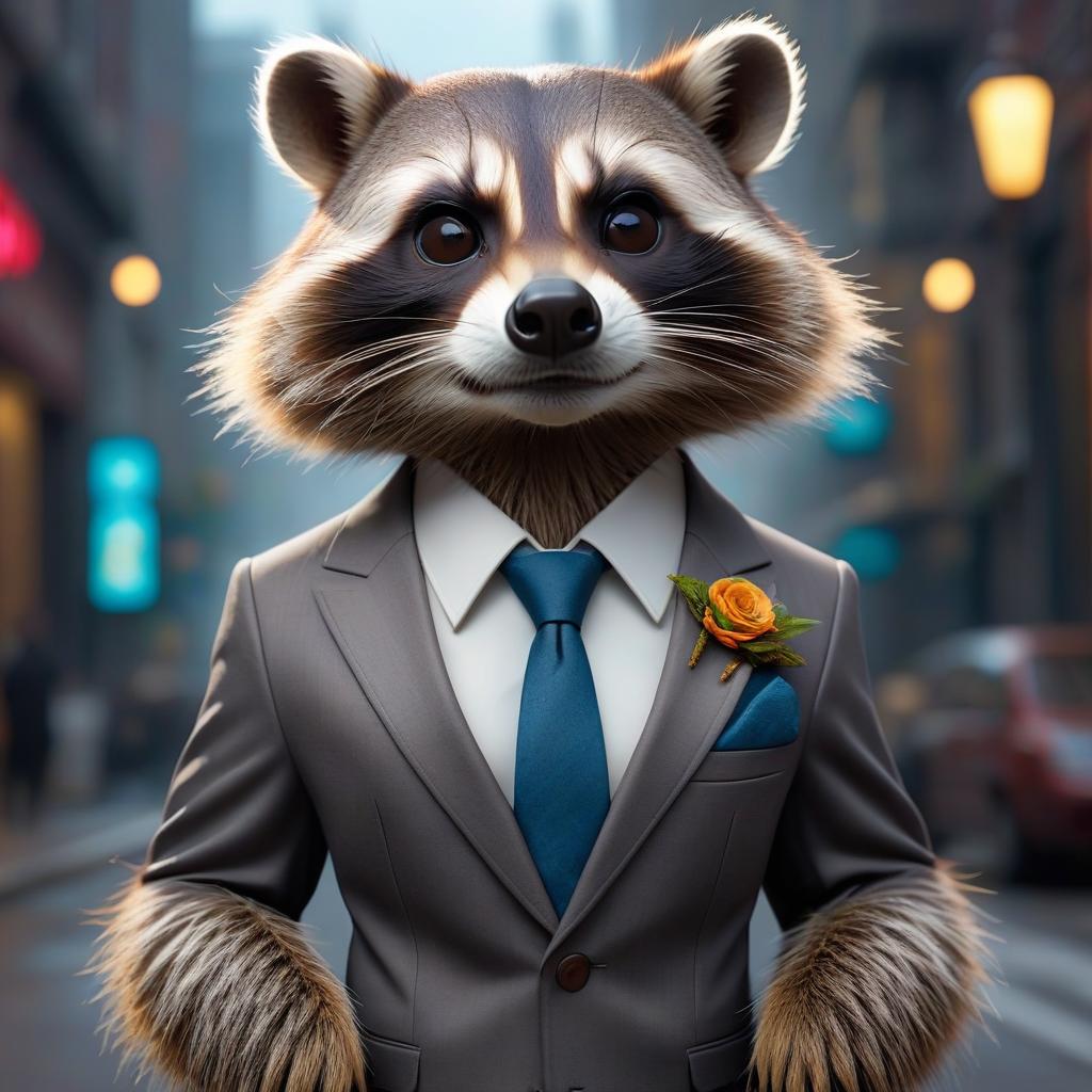  The serious racoon wear business suit hyperrealistic, full body, detailed clothing, highly detailed, cinematic lighting, stunningly beautiful, intricate, sharp focus, f/1. 8, 85mm, (centered image composition), (professionally color graded), ((bright soft diffused light)), volumetric fog, trending on instagram, trending on tumblr, HDR 4K, 8K