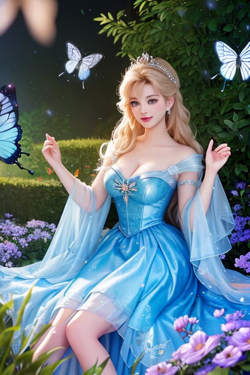  A highly detailed and realistic photo in the style of Disney, featuring a character resembling young Cinderella. The image shows young Cinderella wearing a sparkling blue dress, surrounded by glowing butterflies. She is sitting on a petal strewn ledge in a magical, dreamy environment. The scene is illuminated with soft, mystical light, creating an enchanting and whimsical atmosphere. Cinderella's expression is filled with wonder and joy as she interacts with the butterflies. The background is softly blurred to keep the focus on Cinderella and the butterflies. hyperrealistic, full body, detailed clothing, highly detailed, cinematic lighting, stunningly beautiful, intricate, sharp focus, f/1. 8, 85mm, (centered image composition), (professionally color graded), ((bright soft diffused light)), volumetric fog, trending on instagram, trending on tumblr, HDR 4K, 8K