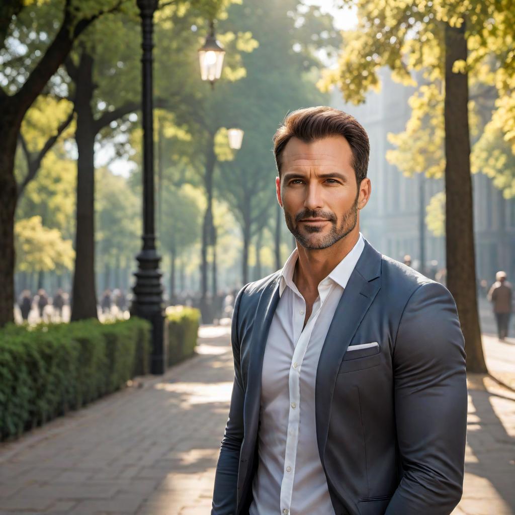  A man in his mid-30s, looking determined and hopeful, ready to better his life. He has a confident posture, is neatly dressed in smart casual attire, with a slight smile on his face. The background is uplifting, perhaps a sunny park or an urban setting that signifies opportunities and growth. hyperrealistic, full body, detailed clothing, highly detailed, cinematic lighting, stunningly beautiful, intricate, sharp focus, f/1. 8, 85mm, (centered image composition), (professionally color graded), ((bright soft diffused light)), volumetric fog, trending on instagram, trending on tumblr, HDR 4K, 8K