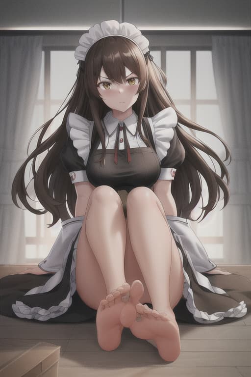  (score 9,score 8 up,score 7 up,),1girl,solo,maid,maid headdress,looking at viewer,apron,brown hair,indoors,black hair,bare foot,feet focus,two feet,animation,angry hyperrealistic, full body, detailed clothing, highly detailed, cinematic lighting, stunningly beautiful, intricate, sharp focus, f/1. 8, 85mm, (centered image composition), (professionally color graded), ((bright soft diffused light)), volumetric fog, trending on instagram, trending on tumblr, HDR 4K, 8K