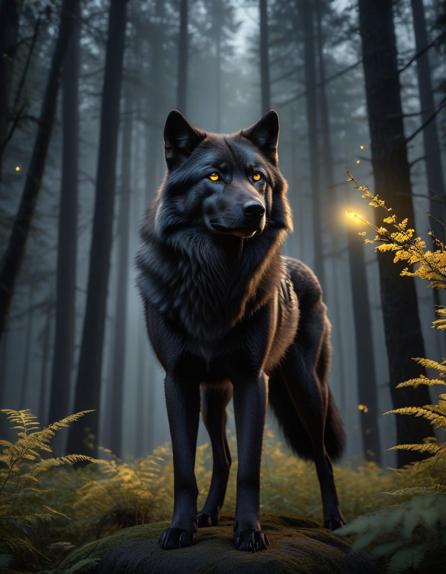  A large black wolf standing tall, bright yellow eyes staring directly, night, forest, dark background, fireflies, fantasy, hyperrealism, UHD hyperrealistic, full body, detailed clothing, highly detailed, cinematic lighting, stunningly beautiful, intricate, sharp focus, f/1. 8, 85mm, (centered image composition), (professionally color graded), ((bright soft diffused light)), volumetric fog, trending on instagram, trending on tumblr, HDR 4K, 8K