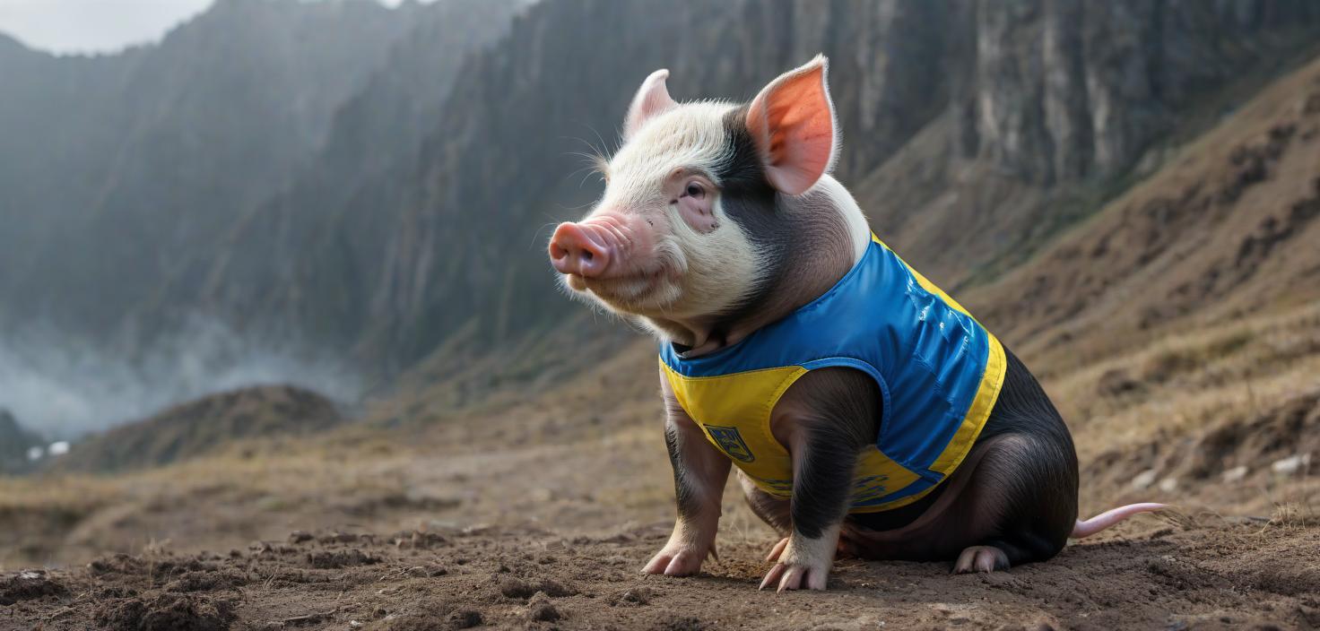  hyperrealistic art Ukrainian flag bulletproof vest pig (acrylic painting: 1.7) . extremely high resolution details, photographic, realism pushed to extreme, fine texture, incredibly lifelike, FILM PHOTOGRAPHY STYLE hyperrealistic, full body, detailed clothing, highly detailed, cinematic lighting, stunningly beautiful, intricate, sharp focus, f/1. 8, 85mm, (centered image composition), (professionally color graded), ((bright soft diffused light)), volumetric fog, trending on instagram, trending on tumblr, HDR 4K, 8K