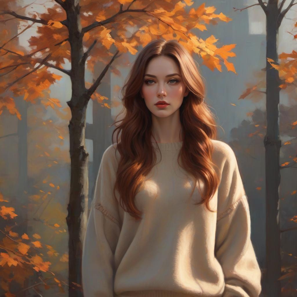  concept art Sweater girl. Oil painting by Malcolm Liepke. autumn colors, cozy oversized sweater, flowing hair, intricate details, rich textures, masterful use of light and shadow, contemporary art . digital artwork, illustrative, painterly, matte painting, highly detailed hyperrealistic, full body, detailed clothing, highly detailed, cinematic lighting, stunningly beautiful, intricate, sharp focus, f/1. 8, 85mm, (centered image composition), (professionally color graded), ((bright soft diffused light)), volumetric fog, trending on instagram, trending on tumblr, HDR 4K, 8K