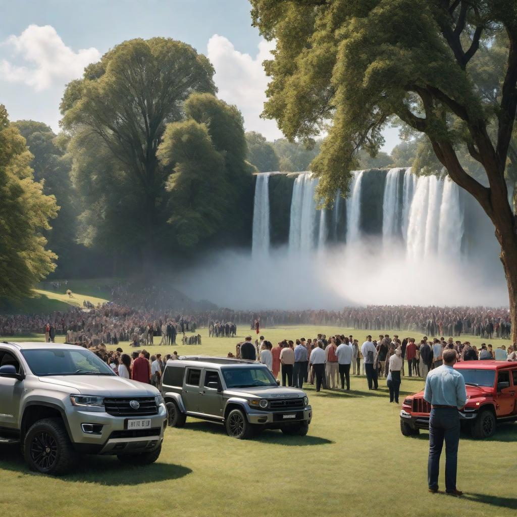  Album cover photo featuring a college building in the background with a large front lawn. On the lawn, there is an individual standing prominently in the foreground. Around them, there are twenty vehicles - ten cars and ten trucks/SUVs. Near the individual are a couple of bottles and a group of people including a few women and a few males. Additionally, there is a waterfall with masses of people gathered around it. hyperrealistic, full body, detailed clothing, highly detailed, cinematic lighting, stunningly beautiful, intricate, sharp focus, f/1. 8, 85mm, (centered image composition), (professionally color graded), ((bright soft diffused light)), volumetric fog, trending on instagram, trending on tumblr, HDR 4K, 8K