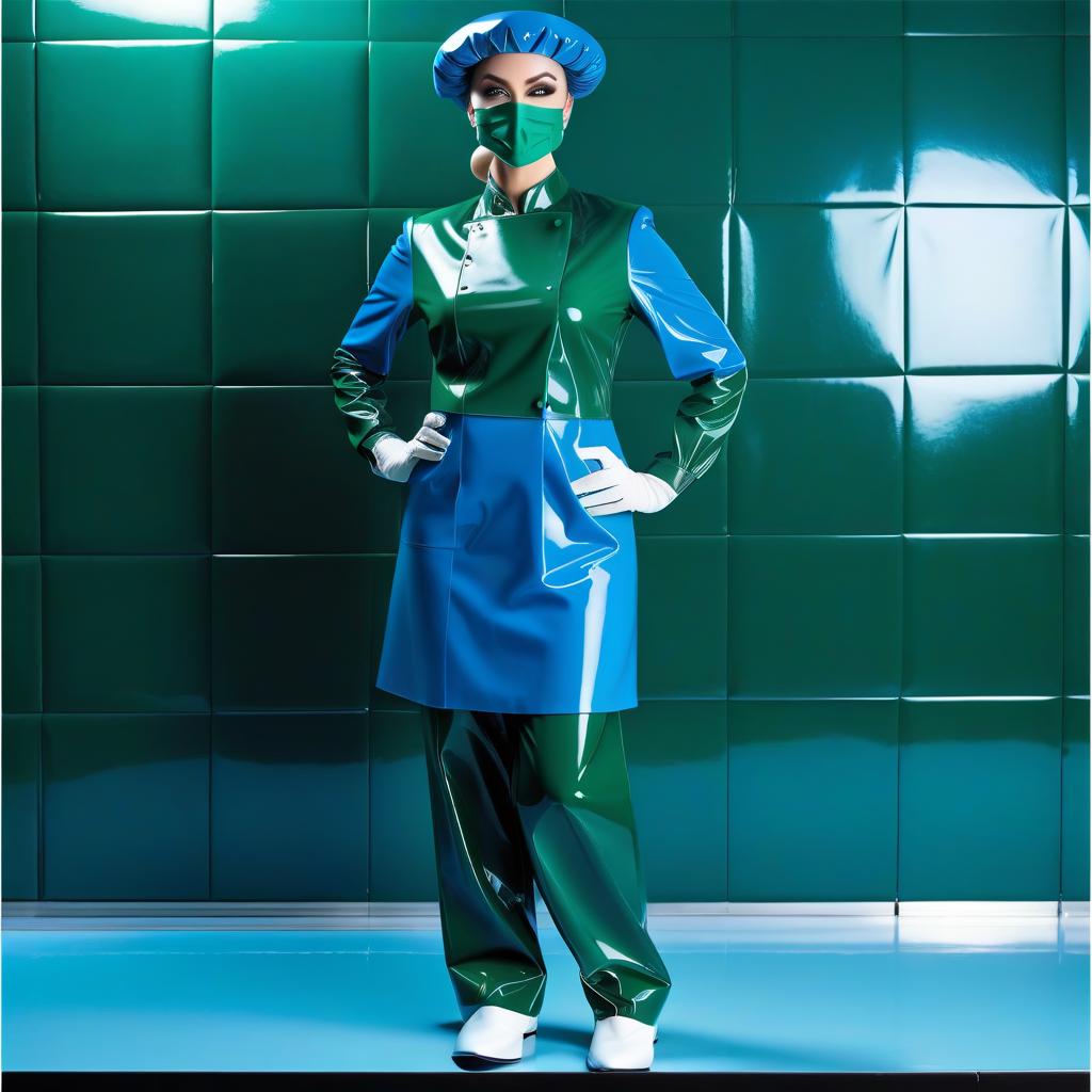  woman surgeon, wearing a shower beret made of two colors glossy latex, the upper part of the beret with a rounded dome in the shape of a mushroom, elongated with folds, made of glossy dark blue latex, the lower part of the beret with folds on an elastic band, glossy. dark green latex, shower beret is divided horizontally into two parts, shower cap covers hair, ears and forehead, framing the face hyperrealistic, full body, detailed clothing, highly detailed, cinematic lighting, stunningly beautiful, intricate, sharp focus, f/1. 8, 85mm, (centered image composition), (professionally color graded), ((bright soft diffused light)), volumetric fog, trending on instagram, trending on tumblr, HDR 4K, 8K