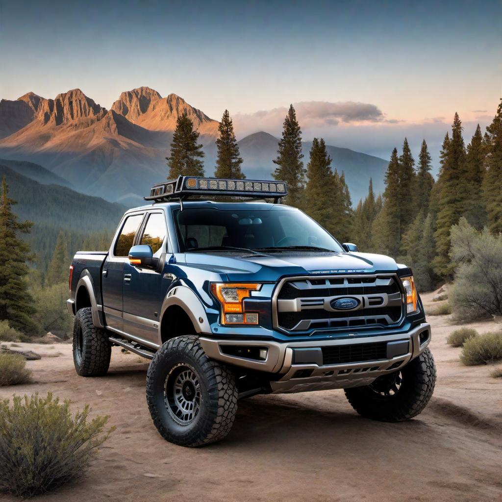  A jacked-up 2000 Ford F-150 truck with a winch and roll bar, showcasing a rugged and adventurous off-road vehicle design. hyperrealistic, full body, detailed clothing, highly detailed, cinematic lighting, stunningly beautiful, intricate, sharp focus, f/1. 8, 85mm, (centered image composition), (professionally color graded), ((bright soft diffused light)), volumetric fog, trending on instagram, trending on tumblr, HDR 4K, 8K