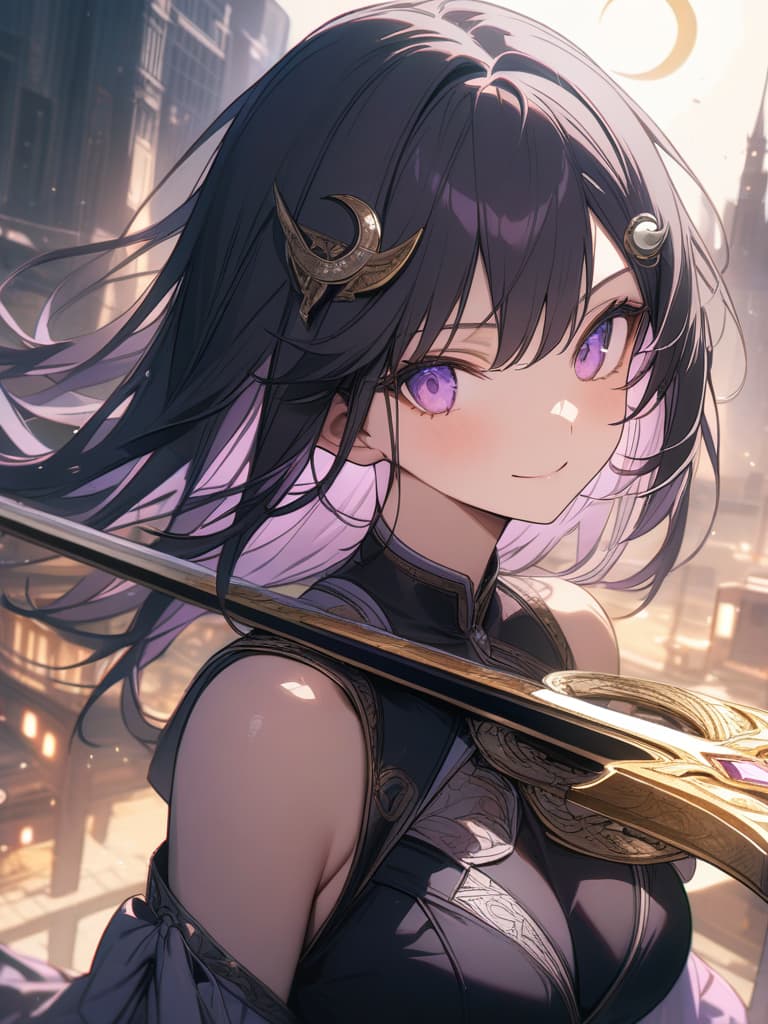  Holy sword,golden sword,burning city,smile,sword raised,golden light,Excalibur,cool girl,Black hair,(purple eyes),short,cropped hair,crescent moon hair ornament, masterpiece, best quality,8k,ultra detailed,high resolution,an extremely delicate and beautiful,hyper detail