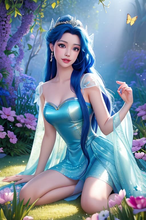  A highly detailed and realistic photo in the style of Disney, featuring a character resembling young Ariel . The image shows young Ariel wearing a sparkling blue dress, surrounded by glowing butterflies. She is sitting on a petal strewn ledge in a magical, dreamy environment. The scene is illuminated with soft, mystical light, creating an enchanting and whimsical atmosphere. Elsa's expression is filled with wonder and joy as she interacts with the butterflies. The background is softly blurred to keep the focus on Ariel and the butterflies hyperrealistic, full body, detailed clothing, highly detailed, cinematic lighting, stunningly beautiful, intricate, sharp focus, f/1. 8, 85mm, (centered image composition), (professionally color graded), ((bright soft diffused light)), volumetric fog, trending on instagram, trending on tumblr, HDR 4K, 8K