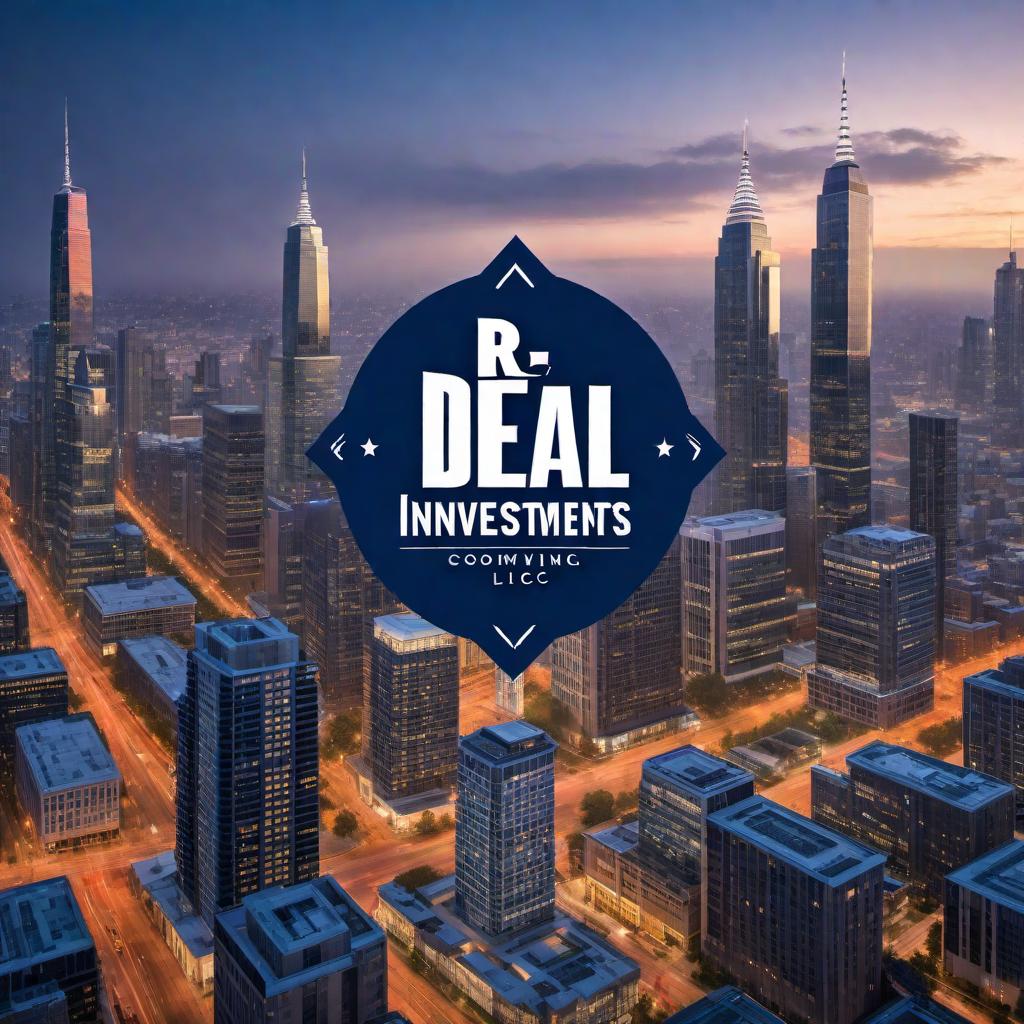  Create a high-quality logo for 'R Deal Investments LLC.' The logo should feature the company name 'R Deal Investments LLC' in dark blue lettering, prominently displayed. Surround the text with tall, modern buildings from the inner city to evoke a corporate and real estate theme. Ensure that the design is sleek, professional, and visually appealing, suitable for a commercial real estate acquisition company. hyperrealistic, full body, detailed clothing, highly detailed, cinematic lighting, stunningly beautiful, intricate, sharp focus, f/1. 8, 85mm, (centered image composition), (professionally color graded), ((bright soft diffused light)), volumetric fog, trending on instagram, trending on tumblr, HDR 4K, 8K