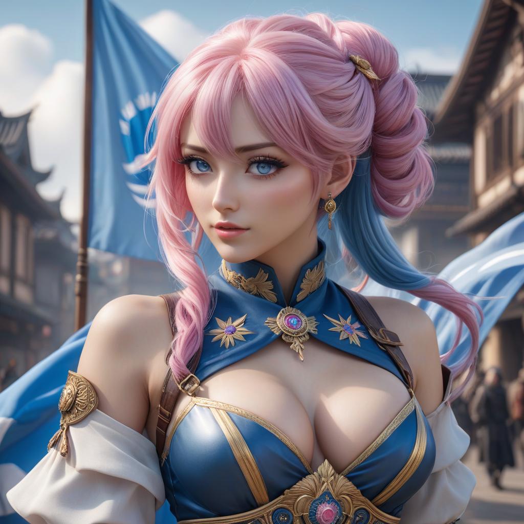  Anime girl with pink hair and blue eyes, wearing a Chuvash Waltz flag. hyperrealistic, full body, detailed clothing, highly detailed, cinematic lighting, stunningly beautiful, intricate, sharp focus, f/1. 8, 85mm, (centered image composition), (professionally color graded), ((bright soft diffused light)), volumetric fog, trending on instagram, trending on tumblr, HDR 4K, 8K