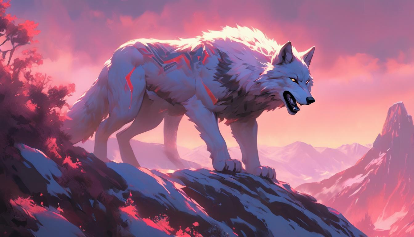  hyperrealism,fantasy aestheticA lone, regal wolf standing atop a mountain peak, fur bristling in the wind, the sky painted with hues of dawn, powerful stance, guardian of the wilderness, determined, majestic, high tech clothing clad in sleek, futuristic costume with metallic accents and form fitting designs, marvel superhero comics style, unreal engine rendering