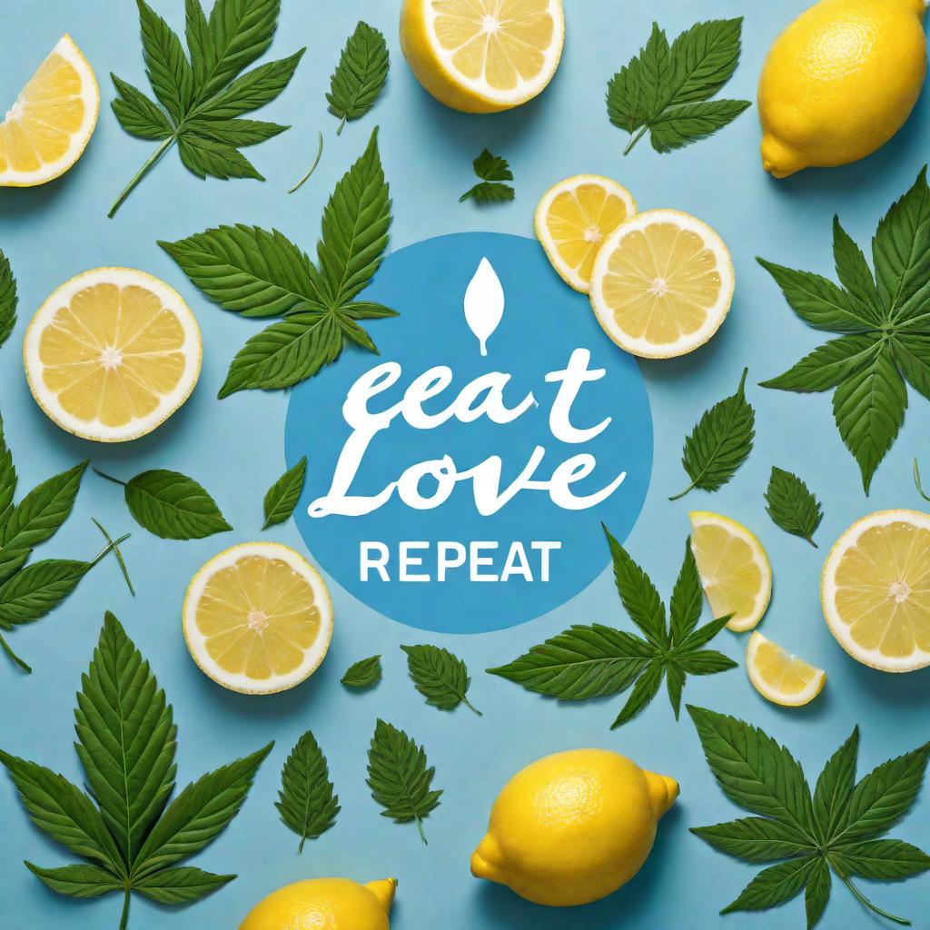  Sticker design with a blue background. Centered on the sticker is a detailed weed leaf. Surrounding the weed leaf are bright, realistic lemons. The words 'Eat Drink Love Repeat' are prominently displayed within the design, using a stylish and clear font. The overall style is modern and playful. hyperrealistic, full body, detailed clothing, highly detailed, cinematic lighting, stunningly beautiful, intricate, sharp focus, f/1. 8, 85mm, (centered image composition), (professionally color graded), ((bright soft diffused light)), volumetric fog, trending on instagram, trending on tumblr, HDR 4K, 8K