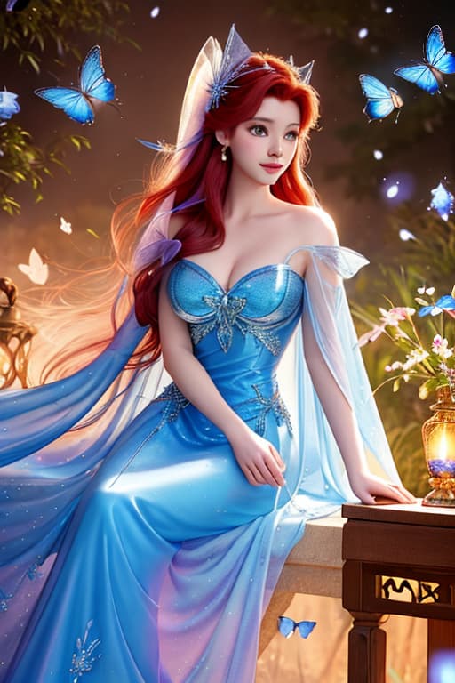  A highly detailed and realistic photo in the style of Disney, featuring a character resembling young Ariel . The image shows young Ariel wearing a sparkling blue dress, surrounded by glowing butterflies. She is sitting on a petal strewn ledge in a magical, dreamy environment. The scene is illuminated with soft, mystical light, creating an enchanting and whimsical atmosphere. Elsa's expression is filled with wonder and joy as she interacts with the butterflies. The background is softly blurred to keep the focus on Ariel and the butterflies hyperrealistic, full body, detailed clothing, highly detailed, cinematic lighting, stunningly beautiful, intricate, sharp focus, f/1. 8, 85mm, (centered image composition), (professionally color graded), ((bright soft diffused light)), volumetric fog, trending on instagram, trending on tumblr, HDR 4K, 8K