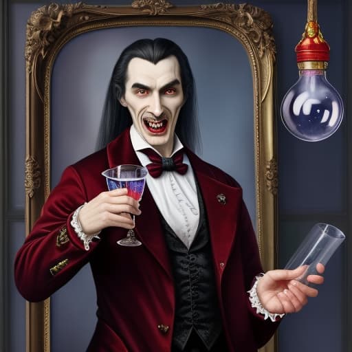  Portrait Picture Dracula as a scientist preparing something fizzy and sparkling with insane details and vivid colors and handsome character full body cloths and vampire teeth