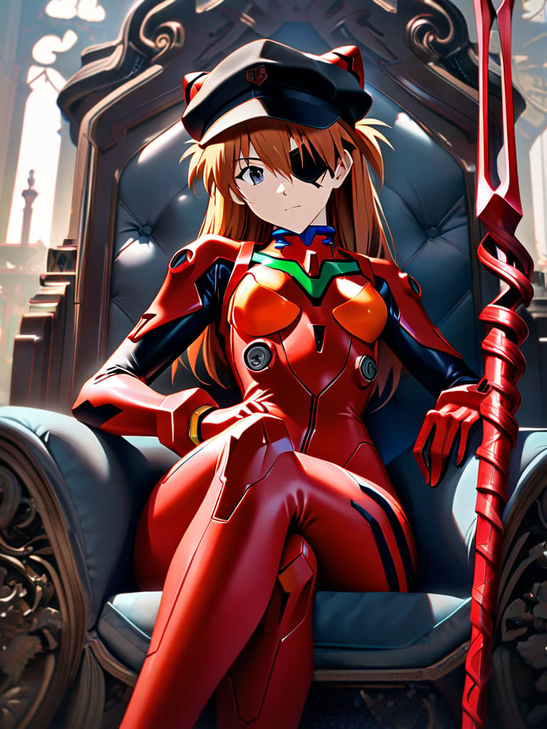  1girl, souryuu asuka langley, neon genesis evangelion, rebuild of evangelion, lance of longinus, cat hat, plugsuit, pilot suit, red bodysuit, sitting, crossed legs, black eye patch, throne, looking down, from bottom, looking at viewer, outdoors, masterpiece, best quality, very aesthetic, absurdres hyperrealistic, full body, detailed clothing, highly detailed, cinematic lighting, stunningly beautiful, intricate, sharp focus, f/1. 8, 85mm, (centered image composition), (professionally color graded), ((bright soft diffused light)), volumetric fog, trending on instagram, trending on tumblr, HDR 4K, 8K