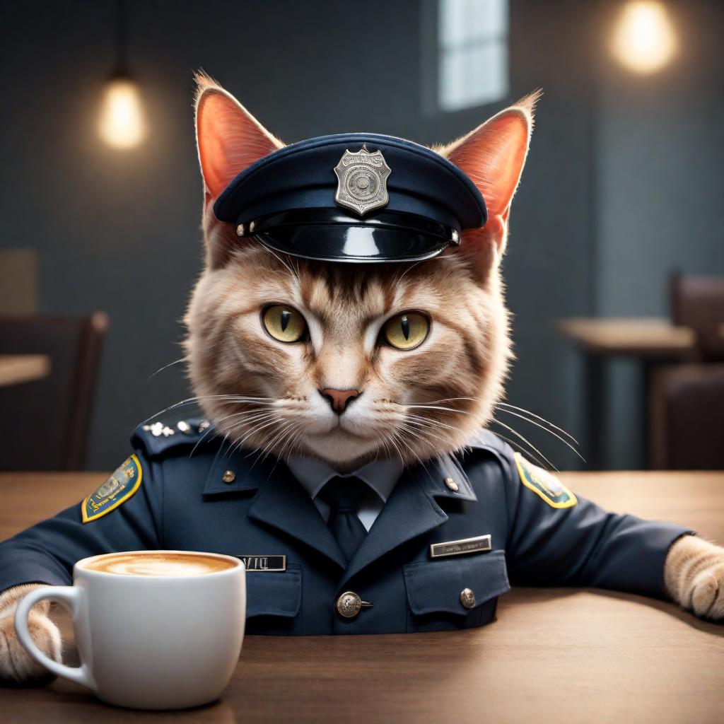  A meme with a very human-like cat dressed in a police uniform, sitting at a table. The cat is holding a handgun and a coffee mug. There’s a caption at the top that says "I HAVEN'T HAD MY COFFEE YET" and at the bottom "DON'T PURRR-SUE ME". The scene plays on the phrase "don't pursue me" with a humorous twist, replacing "pursue" with "purr-sue," referencing the sound that cats make. The cat looks irritated. hyperrealistic, full body, detailed clothing, highly detailed, cinematic lighting, stunningly beautiful, intricate, sharp focus, f/1. 8, 85mm, (centered image composition), (professionally color graded), ((bright soft diffused light)), volumetric fog, trending on instagram, trending on tumblr, HDR 4K, 8K