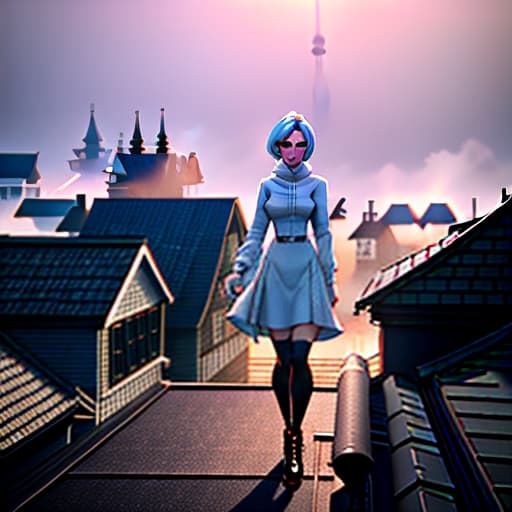  A girl walks on the roof of a house hyperrealistic, full body, detailed clothing, highly detailed, cinematic lighting, stunningly beautiful, intricate, sharp focus, f/1. 8, 85mm, (centered image composition), (professionally color graded), ((bright soft diffused light)), volumetric fog, trending on instagram, trending on tumblr, HDR 4K, 8K