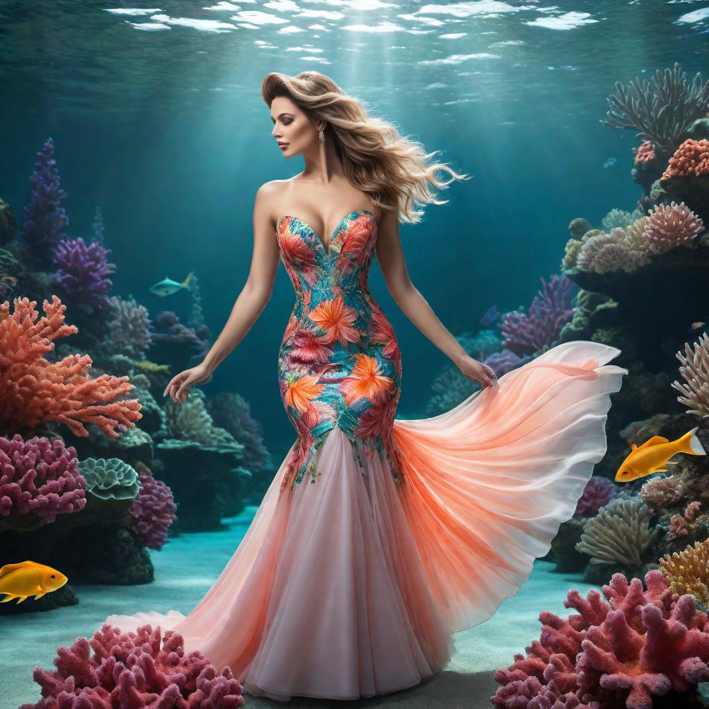  A whimsical illustration of a fish wearing a colorful dress. The dress should be flowing and elegant, perhaps with floral patterns, making the fish look both adorable and amusing. The background can be an aquatic setting with coral and bubbles to match the fish's natural habitat. hyperrealistic, full body, detailed clothing, highly detailed, cinematic lighting, stunningly beautiful, intricate, sharp focus, f/1. 8, 85mm, (centered image composition), (professionally color graded), ((bright soft diffused light)), volumetric fog, trending on instagram, trending on tumblr, HDR 4K, 8K