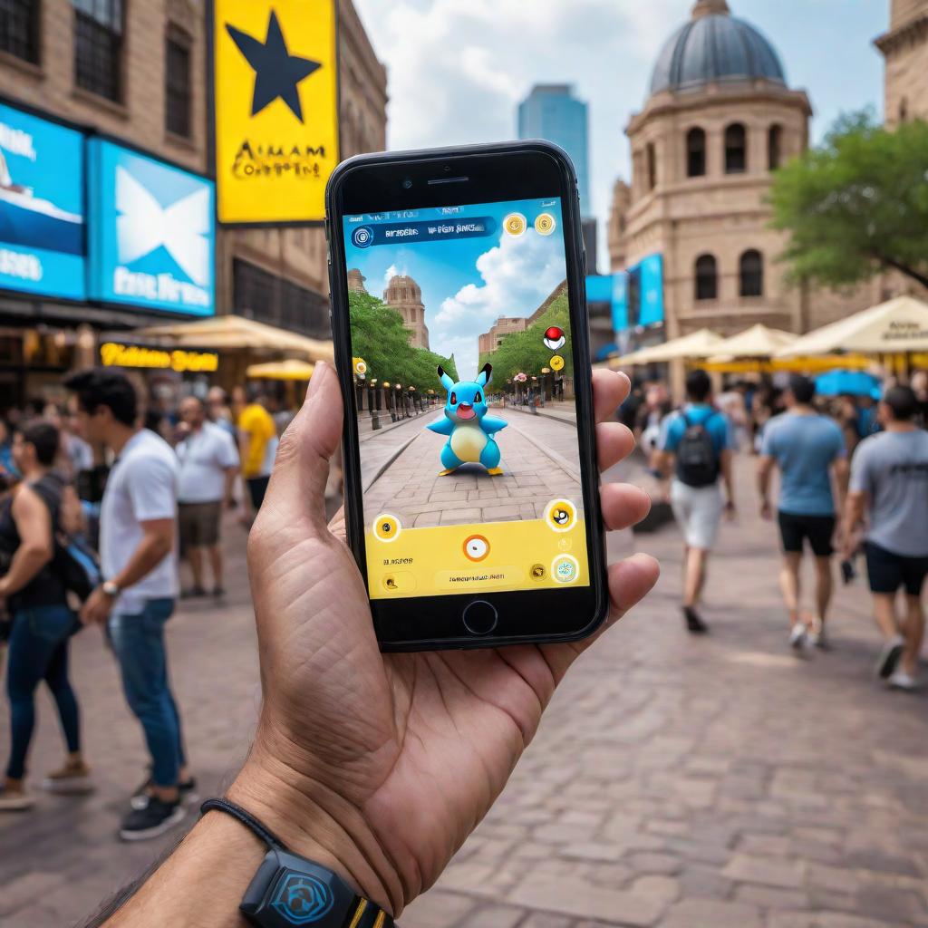  A photo of a Hispanic player in their early 40s playing Pokémon GO in San Antonio, Texas. The player is wearing a Team Mystic shirt. In the background, a yellow Pikachu, a blue Squirtle, and Houndoom are jumping and enjoying the moment. The setting includes recognizable elements of San Antonio, such as the Alamo or the River Walk. hyperrealistic, full body, detailed clothing, highly detailed, cinematic lighting, stunningly beautiful, intricate, sharp focus, f/1. 8, 85mm, (centered image composition), (professionally color graded), ((bright soft diffused light)), volumetric fog, trending on instagram, trending on tumblr, HDR 4K, 8K