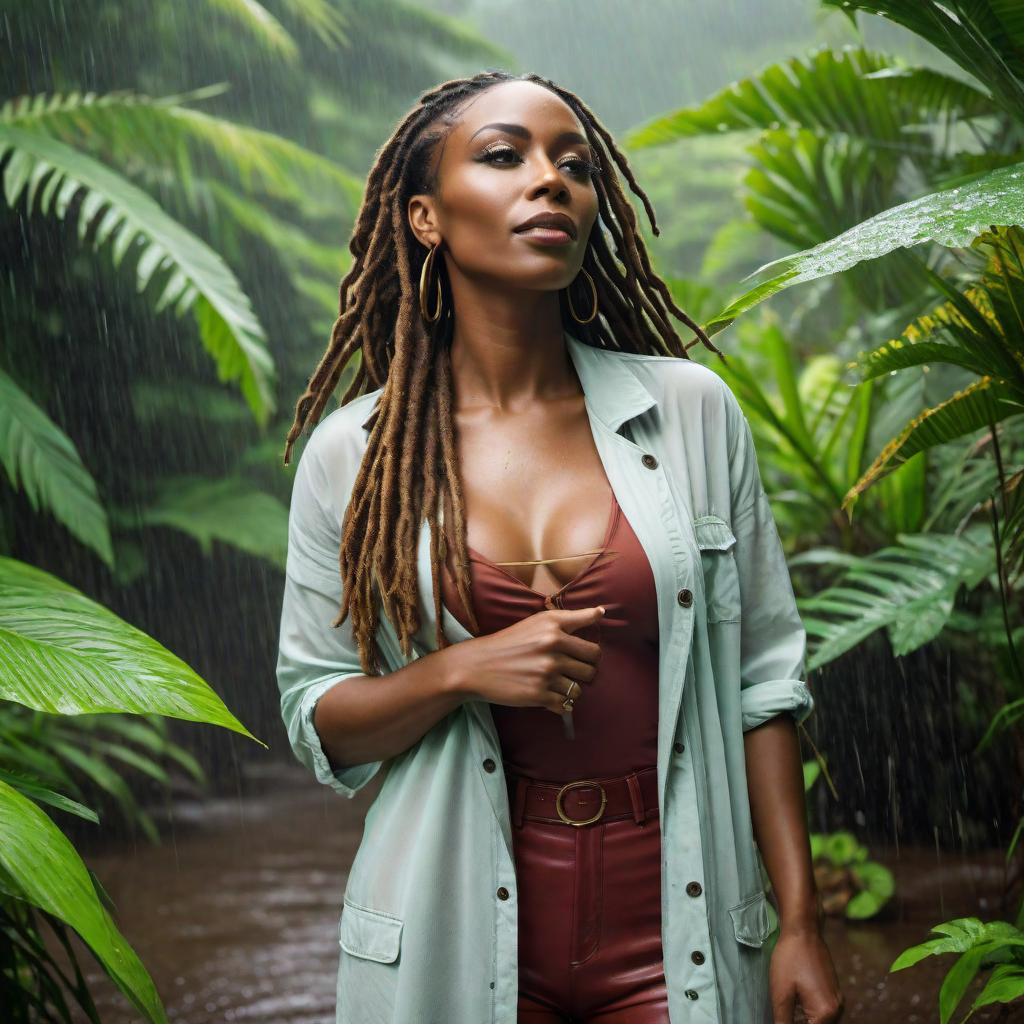  A Jamaican woman with dreadlocks standing in the rain. She is looking serene and content, enjoying the rain. The background includes lush green foliage or a tropical setting to emphasize the Jamaican atmosphere. hyperrealistic, full body, detailed clothing, highly detailed, cinematic lighting, stunningly beautiful, intricate, sharp focus, f/1. 8, 85mm, (centered image composition), (professionally color graded), ((bright soft diffused light)), volumetric fog, trending on instagram, trending on tumblr, HDR 4K, 8K