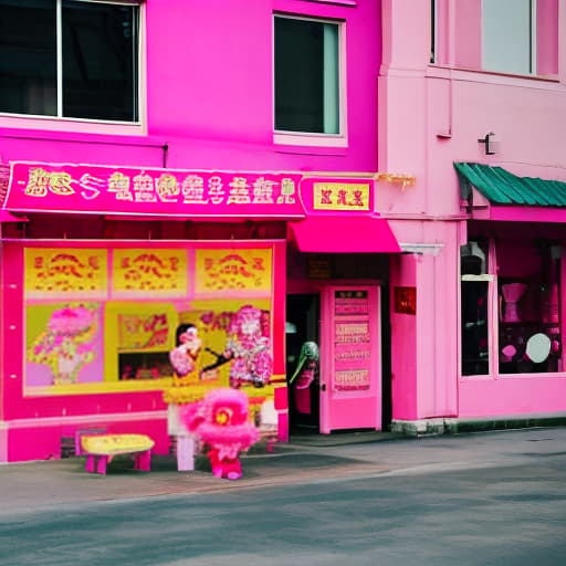  Pink lion dance drink milk tea, pink building