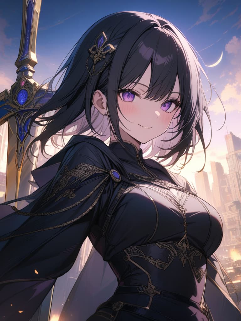  Holy sword,golden sword,burning city,smile,sword raised,golden light,Excalibur,cool girl,Black hair,(purple eyes),short,cropped hair,crescent moon hair ornament, masterpiece, best quality,8k,ultra detailed,high resolution,an extremely delicate and beautiful,hyper detail