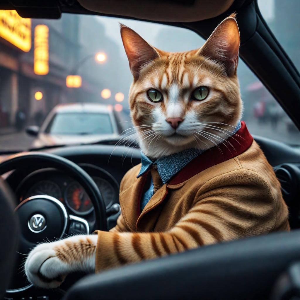  A cat is driving a car in Wuhan. hyperrealistic, full body, detailed clothing, highly detailed, cinematic lighting, stunningly beautiful, intricate, sharp focus, f/1. 8, 85mm, (centered image composition), (professionally color graded), ((bright soft diffused light)), volumetric fog, trending on instagram, trending on tumblr, HDR 4K, 8K