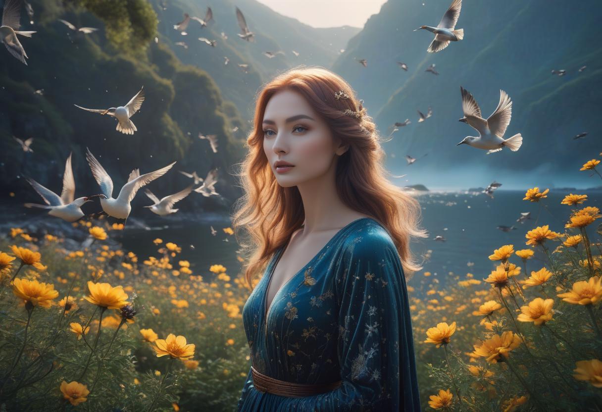  "woman holding the cosmos in her hands, calm, her hair fluttering full of birds, in the background is the universe full of birds, flowers and boats in Surreal artisanal hallucinations made entirely of Sun and Moon, highly detailed, fairytale, Dee Nickerson, elegant, sharp focus, 8 k, octane render" hyperrealistic, full body, detailed clothing, highly detailed, cinematic lighting, stunningly beautiful, intricate, sharp focus, f/1. 8, 85mm, (centered image composition), (professionally color graded), ((bright soft diffused light)), volumetric fog, trending on instagram, trending on tumblr, HDR 4K, 8K