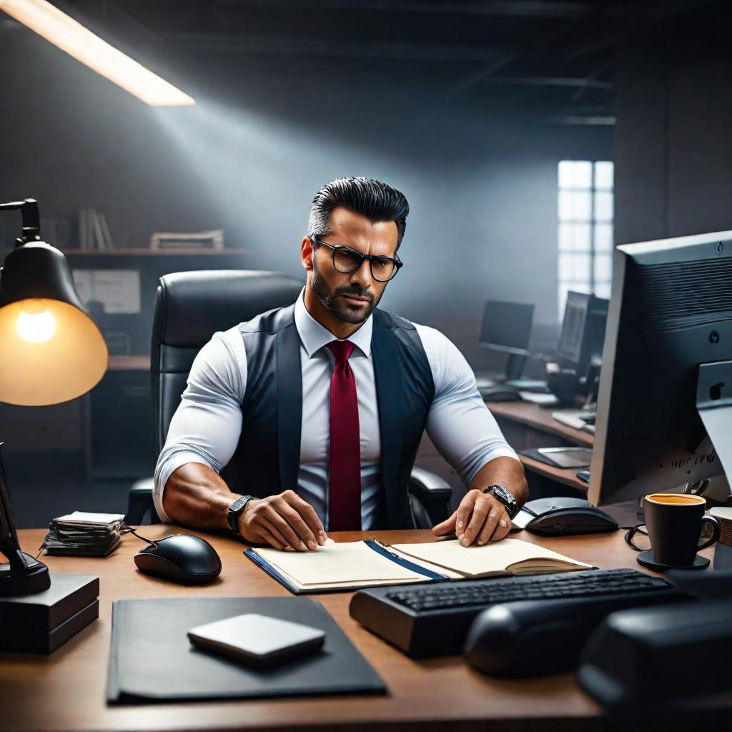  A male employee is slacking off at his desk. hyperrealistic, full body, detailed clothing, highly detailed, cinematic lighting, stunningly beautiful, intricate, sharp focus, f/1. 8, 85mm, (centered image composition), (professionally color graded), ((bright soft diffused light)), volumetric fog, trending on instagram, trending on tumblr, HDR 4K, 8K